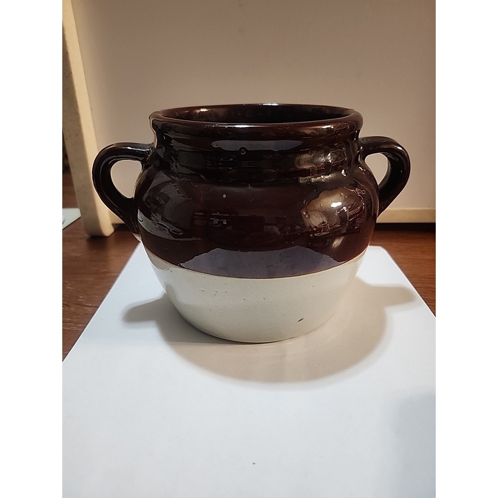 Stoneware, USA‎ Brown/Tan Glaze, Small 2 Loop Handled Bean Crock